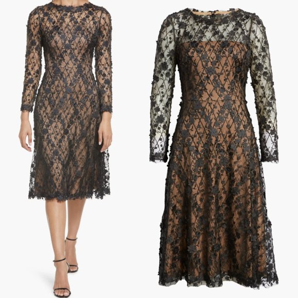NWT Tadashi Shoji BINX EMBROIDERY TEA LENGTH DRESS BLACK NUDE SIZE 18 bfp19026md - Picture 1 of 2